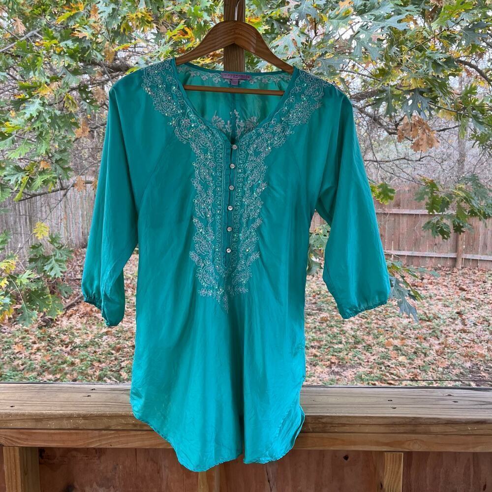 Calypso St Barth Women's Seafoam Green Beaded 100% Silk Blouse Size 0